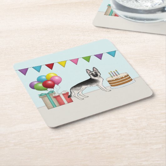 シルバーセーブルドイツシェパードドッグカラフル誕生日 スクエアペーパーコースター (アングル)