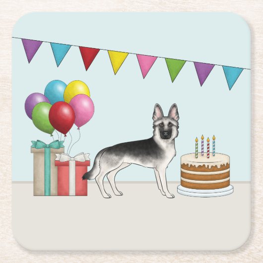 シルバーセーブルドイツシェパードドッグカラフル誕生日 スクエアペーパーコースター (正面)