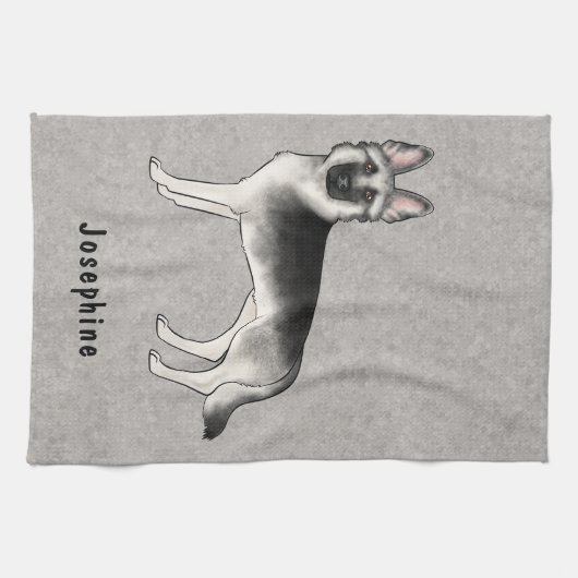 シルバーセーブルドイツシェパード犬と名前をカスタムする キッチンタオル (横)