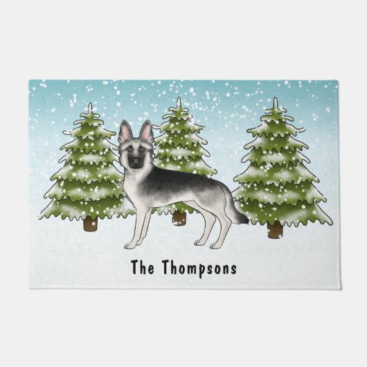 シルバーセーブルドイツシェパード犬の冬の森 ドアマット (正面)