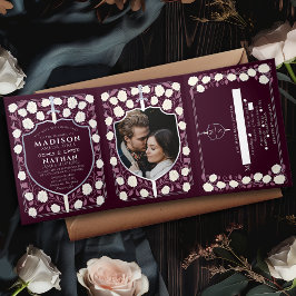 シルバーソード&シールド中世ファンタジー結婚の赤 三つ折り招待状