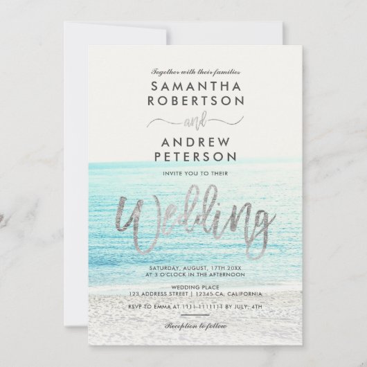 シルバータイポグラフィビーチ結婚写真 招待状 (正面)