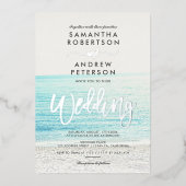 シルバータイポグラフィビーチ結婚写真 箔招待状