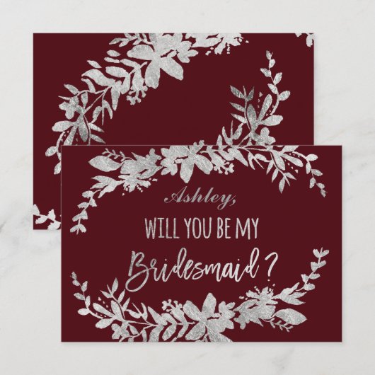 シルバータイポグラフィフローラ海軍は私の花嫁のメイド 招待状 (正面/裏面)