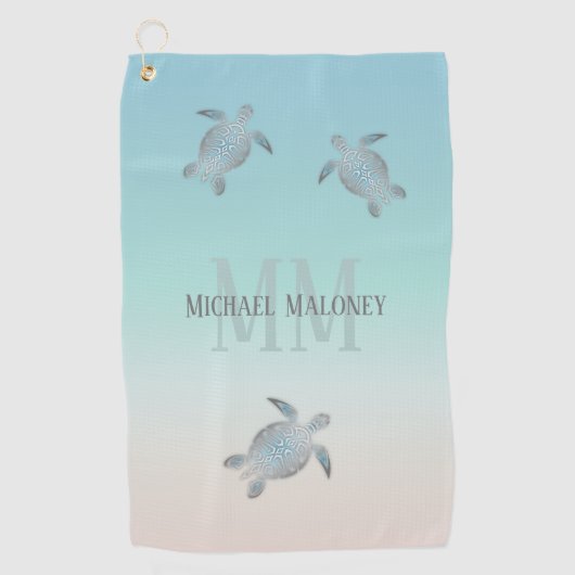 シルバータルズイニシャルあなたの名前ターコイズベージュ ゴルフタオル (正面)