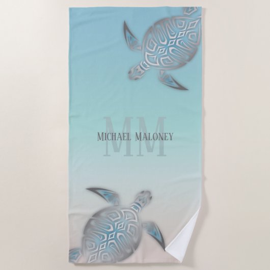 シルバータルズイニシャルあなたの名前ターコイズベージュ ビーチタオル (正面)