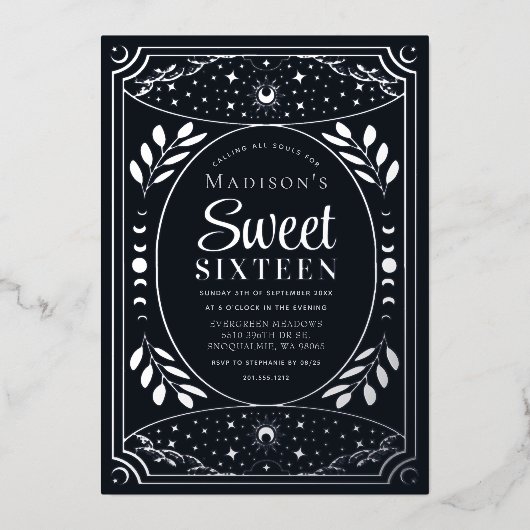 シルバータロットウィッチースウィート16バースデーパーティー 箔招待状 (正面)