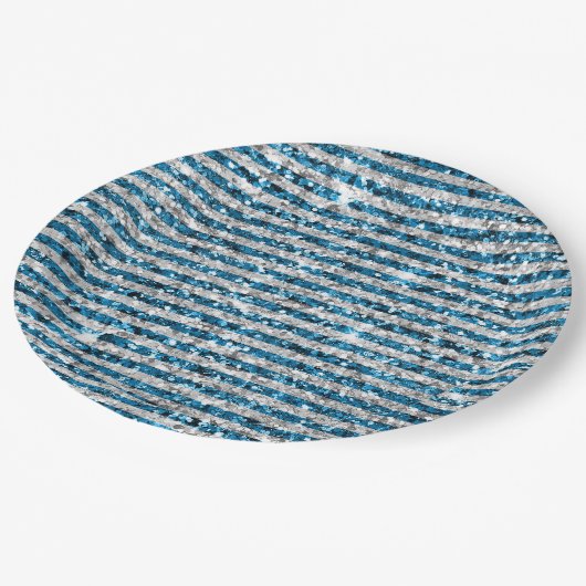 シルバーターコイズグリッターストライプ ペーパープレート (アングル)
