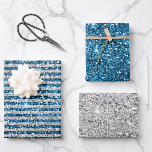 シルバーターコイズグリッターストライプ ラッピングペーパーシート (正面)