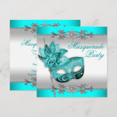 シルバーターコイズブルーのマスカレードパーティー 招待状 (正面/裏面)