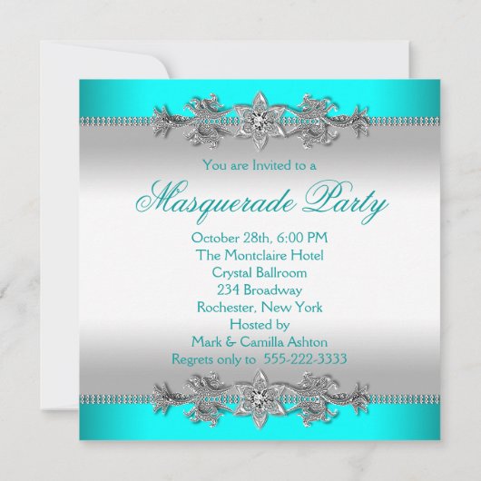シルバーターコイズブルーマスカレードパーティー 招待状 (裏面)