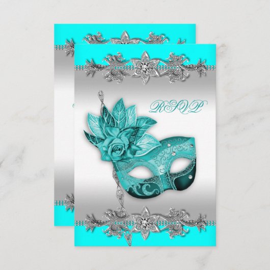 シルバーターコイズブルーマスカレードパーティーRSVP 出欠カード (正面/裏面)