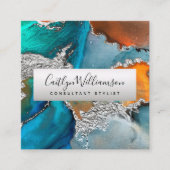 シルバーターコイズ大理石の水の色スタイルリストスクリプト スクエア名刺 (正面)