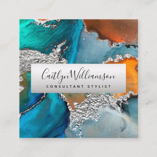 シルバーターコイズ大理石の水の色スタイルリストスクリプト スクエア名刺 (正面)