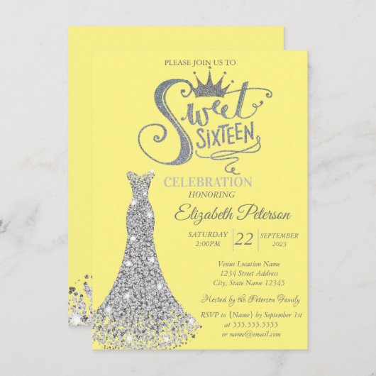 シルバーダイアモンズドレス、ダイアモンズイエロースウィート16 招待状 (正面/裏面)