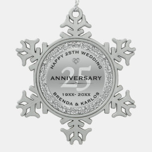 シルバーダイヤモンドとホワイトダイヤ結婚モンド25周年 スノーフレークピューターオーナメント