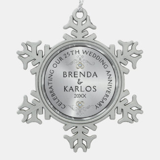 シルバーダイヤモンドとホワイトダイヤ結婚モンド25周年S スノーフレークピューターオーナメント
