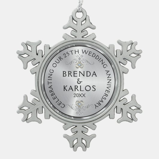 シルバーダイヤモンドとホワイトダイヤ結婚モンド25周年S スノーフレークピューターオーナメント (正面)