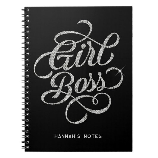 シルバーダイヤモンドグラムガールボスタイポグラフィブラック ノートブック (正面)