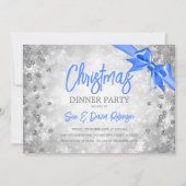 シルバーダイヤモンドグリッターブルーリボンクリスマス 招待状 (正面)
