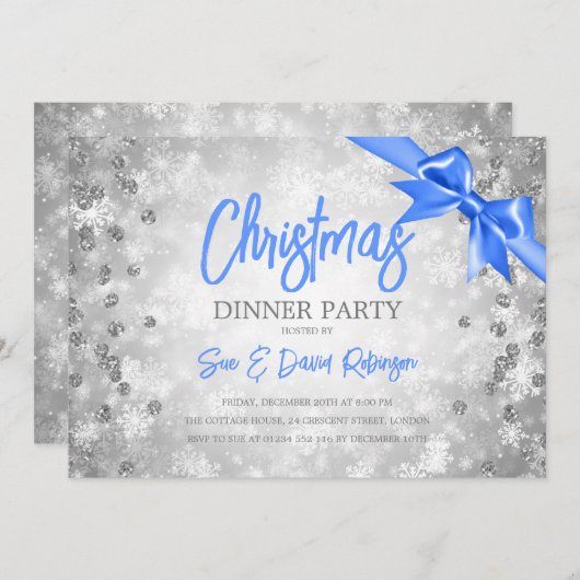 シルバーダイヤモンドグリッターブルーリボンクリスマス 招待状 (正面/裏面)