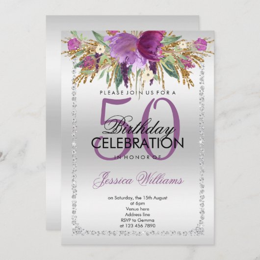 シルバーダイヤモンドグリッター水彩花誕生日 招待状 (正面/裏面)