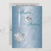 シルバーダイヤモンドスノーフレークティール（緑がかった色）箔招待状 招待状 (正面/裏面)