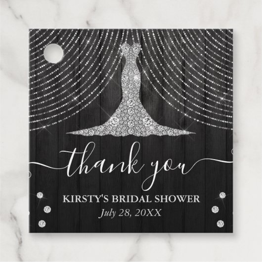 シルバーダイヤモンドドレスオンブラックウッドブライダルシャワー フェイバータグ (正面)