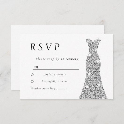 シルバーダイヤモンドドレスブライダルまたはバースデーパーティー 出欠カード (正面/裏面)