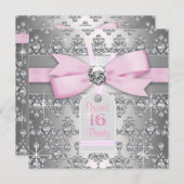シルバーダイヤモンドピンクとグレーの誕生日パーティー 招待状 (正面/裏面)