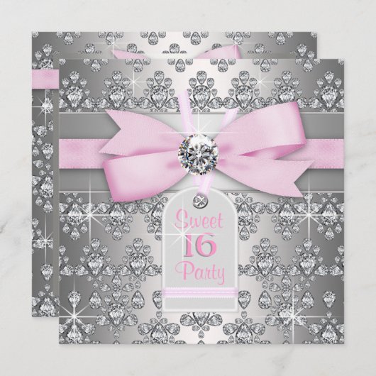 シルバーダイヤモンドピンクとグレーの誕生日パーティー 招待状 (正面/裏面)