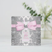 シルバーダイヤモンドピンクとグレーの誕生日パーティー 招待状 (スタンド正面)