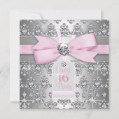 シルバーダイヤモンドピンクとグレーの誕生日パーティー 招待状 (正面)