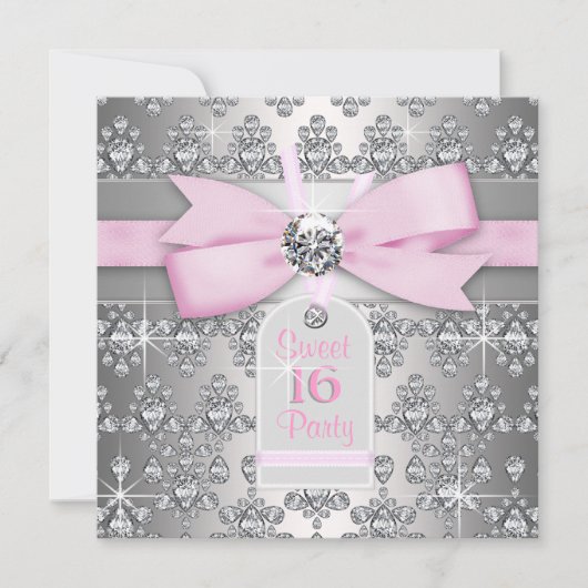 シルバーダイヤモンドピンクとグレーの誕生日パーティー 招待状 (正面)