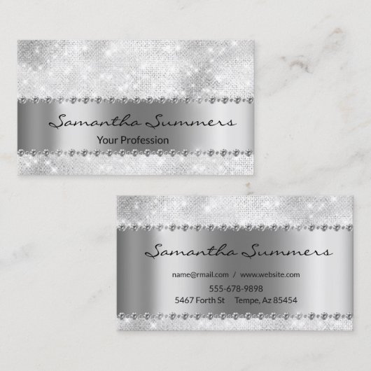 シルバーダイヤモンドメタルエレガントカスタマイズグリッター 名刺 (正面/裏面)