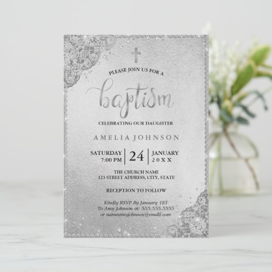 シルバーダイヤモンドレースクロスバプテスマ招待状 招待状 (スタンド正面)