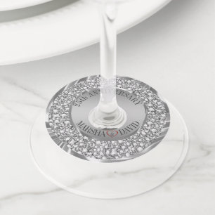 シルバーダイヤモンド及び赤いハート ワイングラスタグ