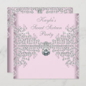 シルバーダイヤモンド ピンク スイート16 バースデーパーティー 招待状 (正面/裏面)