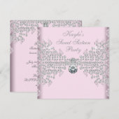 シルバーダイヤモンド ピンク スウィート16 バースデーパーティー 招待状 (正面/裏面)