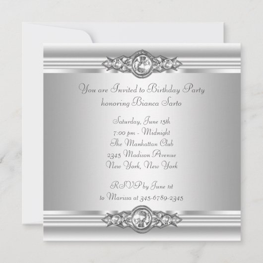 シルバーダイヤモンド ホワイトアイボリー クリーム バースデーパーティー 招待状 (裏面)