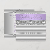 シルバーダイヤモンド ラベンダー パープル 誕生日パーティー 招待状 (正面/裏面)