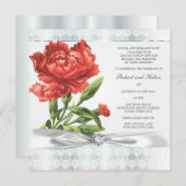 シルバーダイヤモンド&レッドフラワーエレガント結婚式 招待状 (正面/裏面)