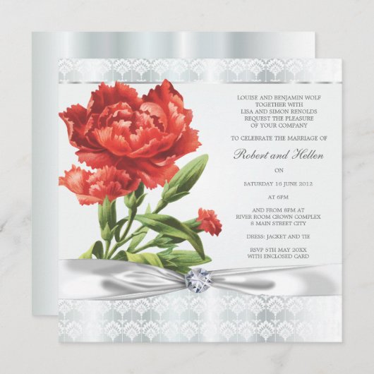 シルバーダイヤモンド&レッドフラワーエレガント結婚式 招待状 (正面/裏面)