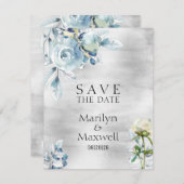 シルバーダスティブルー牡丹の結婚式の日付を保存 案内状 (正面/裏面)