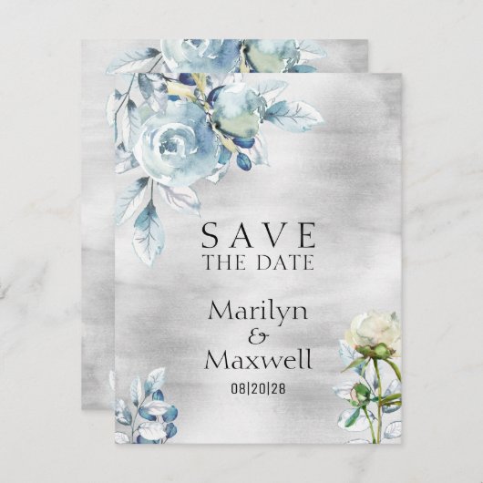 シルバーダスティブルー牡丹の結婚式の日付を保存 案内状 (正面/裏面)