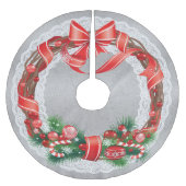 シルバーダマスクとレースとクリスマスリース ブラッシュドポリエステルツリースカート (正面)