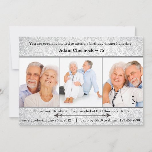 シルバーダマスクの写真の誕生日パーティーの招待 招待状 (正面)