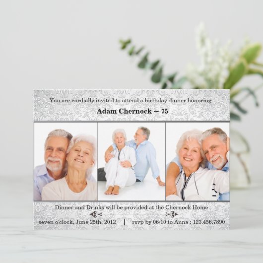 シルバーダマスクの写真の誕生日パーティーの招待 招待状 (スタンド正面)