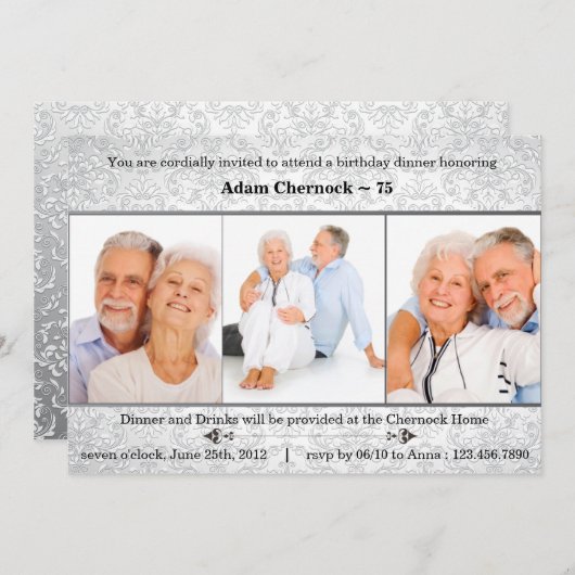 シルバーダマスクの写真の誕生日パーティーの招待 招待状 (正面/裏面)