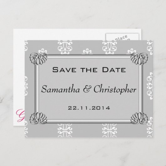 シルバーダマスクの結婚式の日付を保存 案内ポストカード (正面/裏面)
